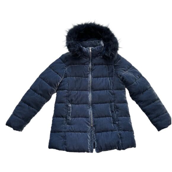 Loft Blue Faux Fur Detachable Hood Crushed Velvet Puffer Quilted Coat Small - Picture 13 of 13
